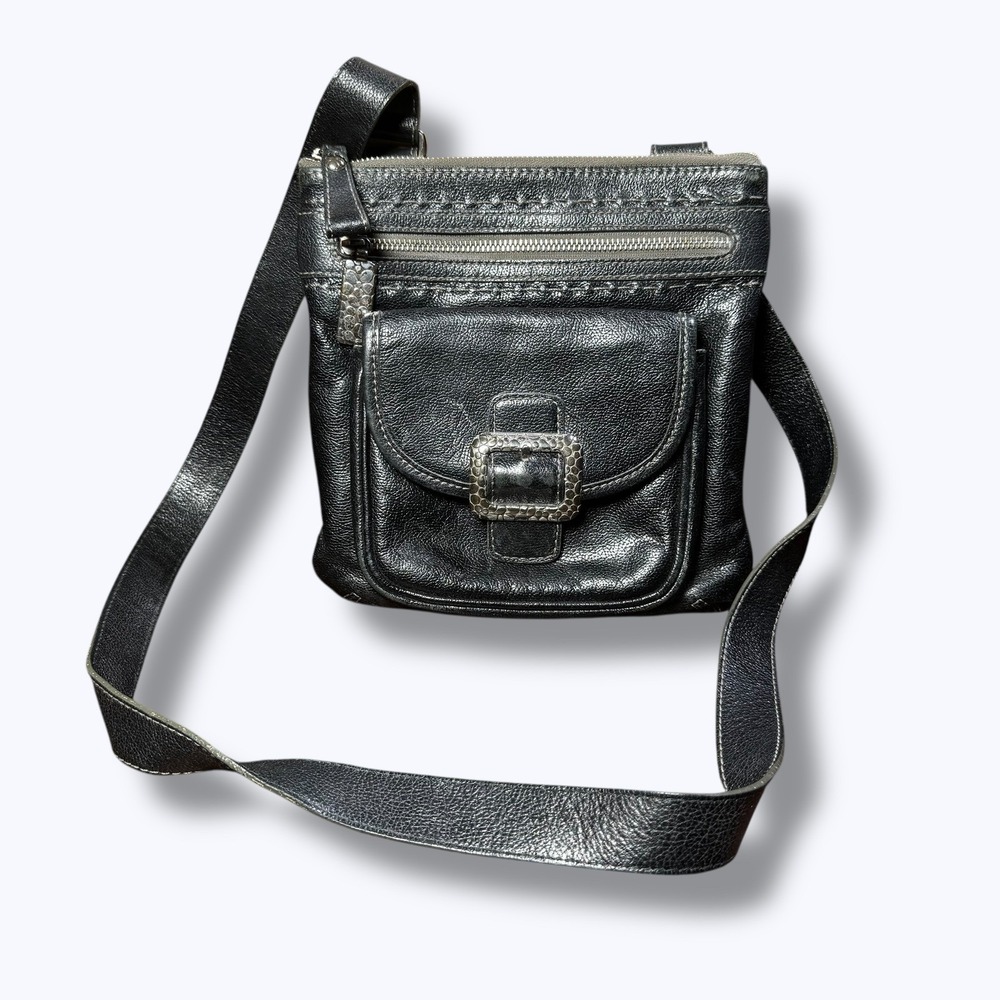 Brighton Black Leather Organizer Crossbody Bag Zip Pockets Travel Shoulder Purse